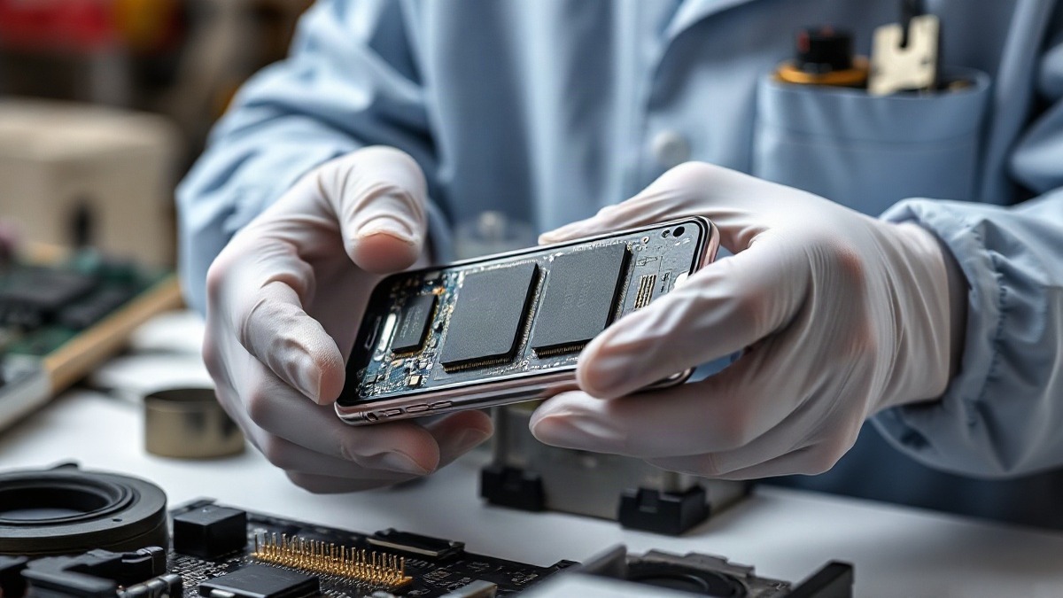 A technician inspects a smartphone logic board with stacked DRAM memory chips in macro detail. Apple designs its own processors but buys its memory on the open market, which is why the AI buildout shows up in its cost of goods. Photo: The Signal / AI-generated.