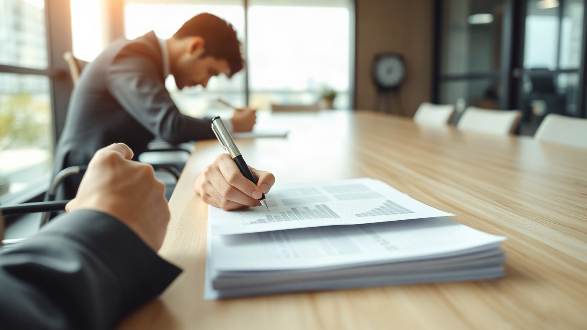 A consultant reviews a printed report at a conference table while a colleague works at an open laptop, the office floor blurring through the glass partition behind them. Photo: The Signal / AI-generated.