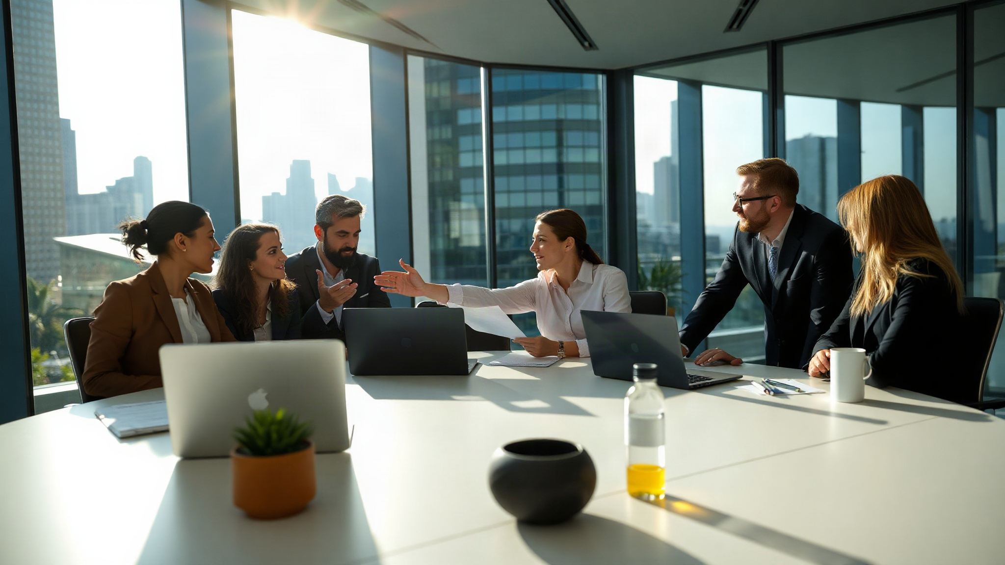Business professionals collaborating around a conference table in a modern office, reviewing strategy on laptops and documents. Photo: The Signal / AI-generated.