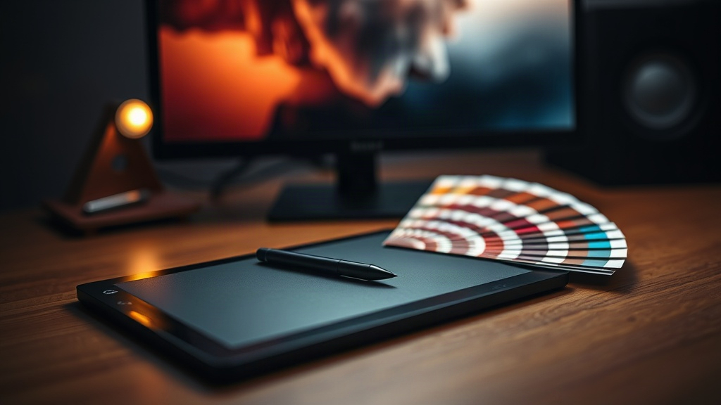 A slim unmarked stylus rests on a matte-black pen display tablet, printed colour swatch cards fanned in an arc across the warm wooden desk beside it, and a colour-calibrated studio monitor behind melted into soft bokeh of warm orange and deep shadow. Photo: The Signal / AI-generated.