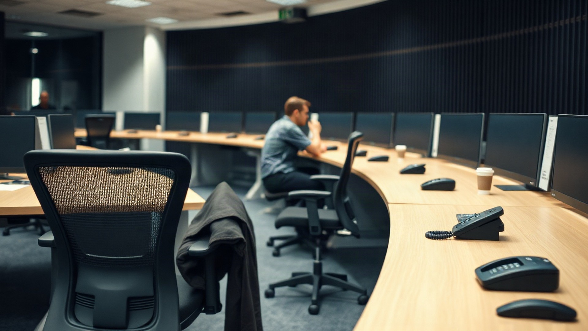 A row of trading workstations on an institutional dealing desk at market open, with a standing trader facing a far wall of large monitors glowing as soft blue and amber fields of light. Photo: The Signal / AI-generated.