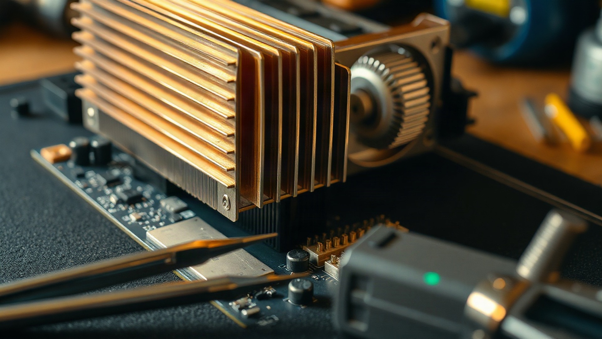 An unbranded AI accelerator module on an anti-static workbench mat, its finned heatsink and copper vapour chamber catching the light, tweezers and a measuring instrument blurred beside it. Inference is a memory problem before it is a maths problem. Photo: The Signal / AI-generated.