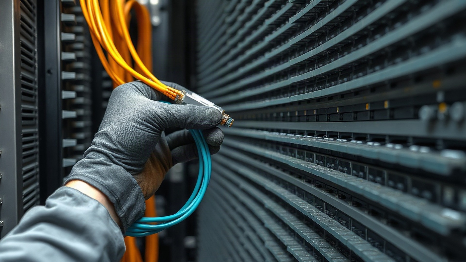 An edge-network technician patches fiber-optic jumper cords into an optical distribution panel inside a compact colocation cabinet. Akamai's argument is that compute placed close to users beats compute concentrated in a handful of giant campuses. Photo: The Signal / AI-generated.