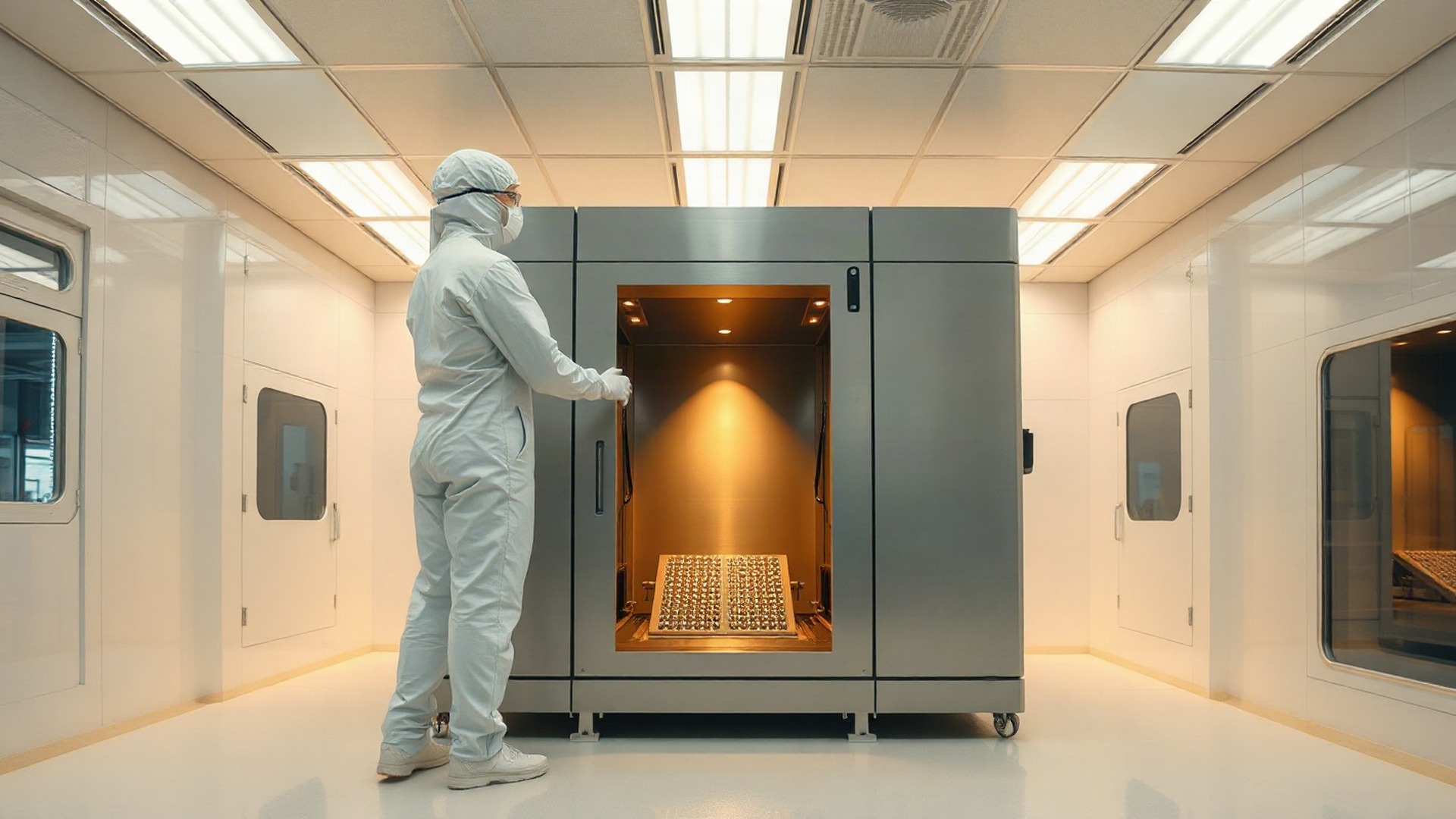 A fab engineer in a white bunny suit lowers a FOUP of 300mm wafers into a wafer-processing tool under cool cleanroom light. Applied Materials sells the deposition, polishing and inspection steps that surround every high-bandwidth memory stack. Photo: The Signal / AI-generated.