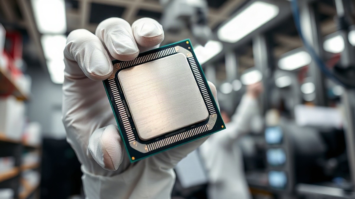 A photo-realistic close-up of a server CPU processor package being inspected by a gloved technician in a semiconductor cleanroom. Photo: The Signal / AI-generated.