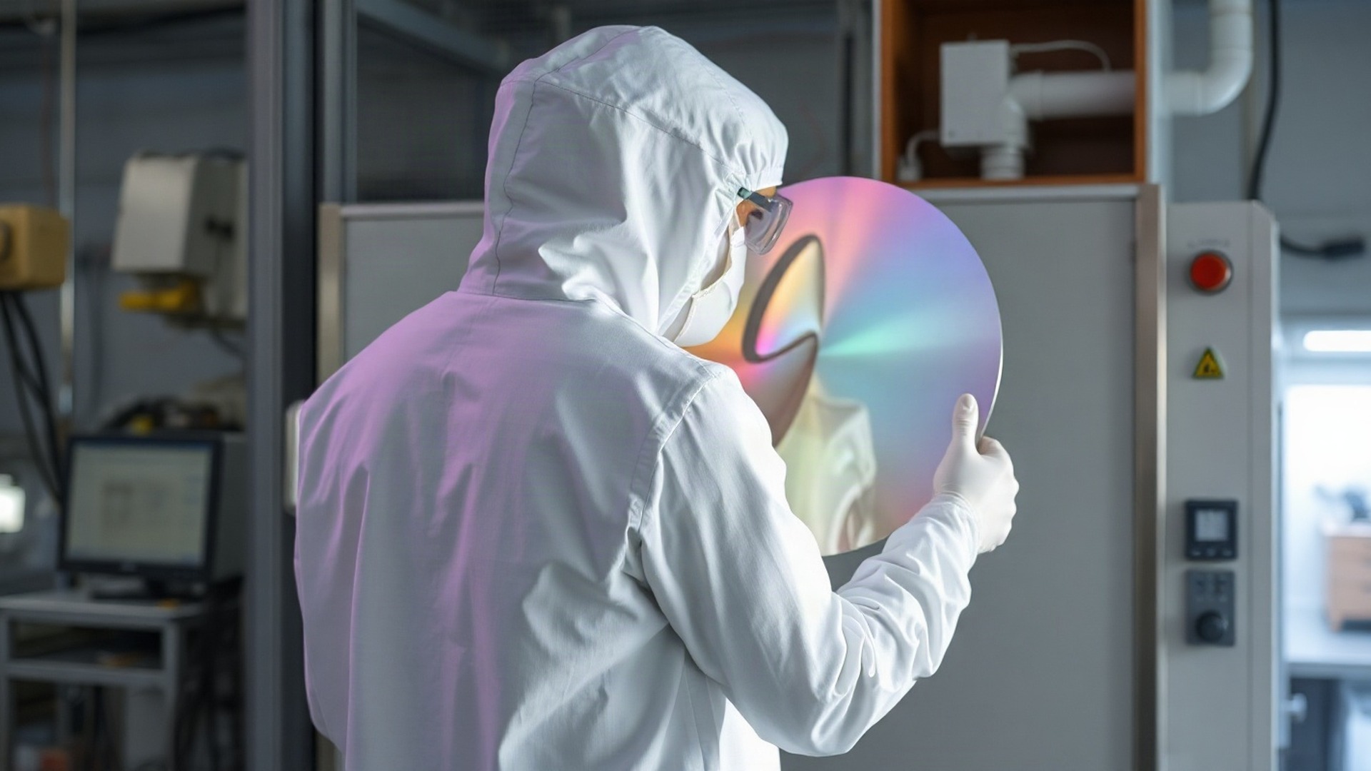 A technician in a white bunny suit holds a gleaming 300mm silicon wafer up beside the load port of a lithography tool under cool overhead light. AMD became the fourth US chipmaker to cross a one-trillion-dollar market value on September 21, 2026. Photo: The Signal / AI-generated.