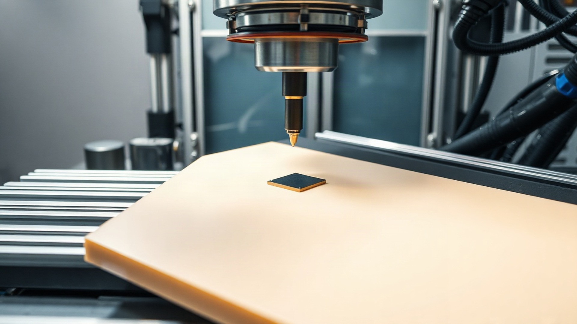 A die-attach step inside a semiconductor packaging cleanroom, where sawn silicon dies are placed onto a substrate before testing. Photo: The Signal / AI-generated.