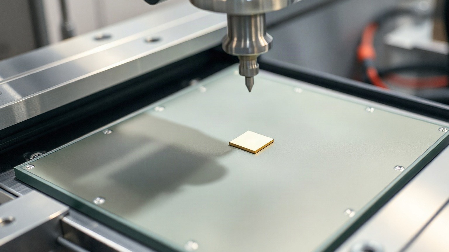 A die being placed on a packaging panel at a semiconductor assembly line. Amkor packages and tests chips other companies fabricate. Photo: The Signal / AI-generated.