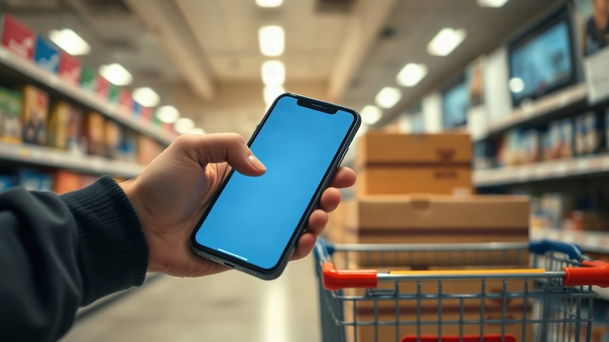 A shopper holds a phone in a bright retail aisle, a cart of cardboard boxes blurred behind, under warm fluorescent light. Amazon now decides which AI agents may reach that register. Photo: The Signal / AI-generated.