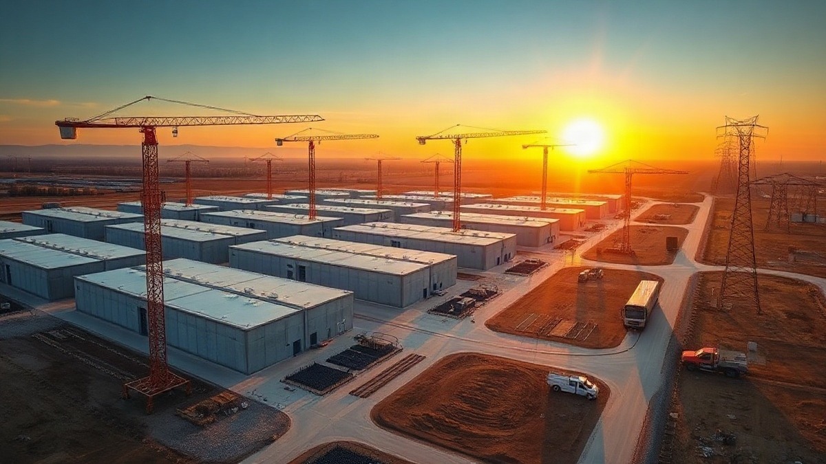 An aerial view of a data-center campus under construction at golden hour. Anthropic's filing commits it to at least $110 billion of Amazon cloud spending through 2036. Photo: The Signal / AI-generated.