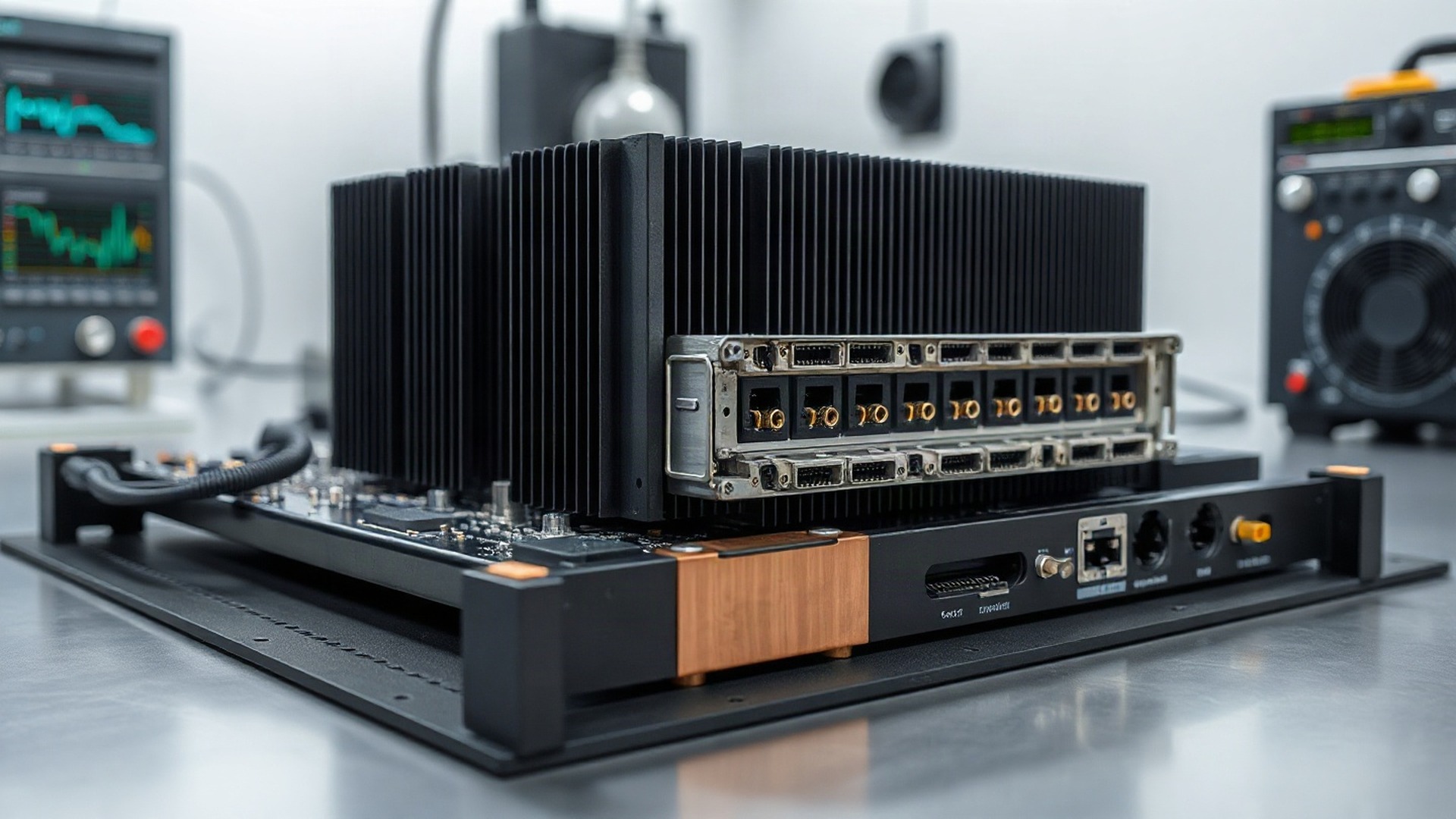 A rack-mount AI accelerator compute module resting on an anti-static mat on an electronics-lab workbench, its finned aluminium heatsink and high-density power connectors in sharp focus. Amazon is reportedly in talks to move roughly $8 billion of Nvidia Grace Blackwell chips into an investor-funded vehicle and lease the same hardware back. Photo: The Signal / AI-generated.