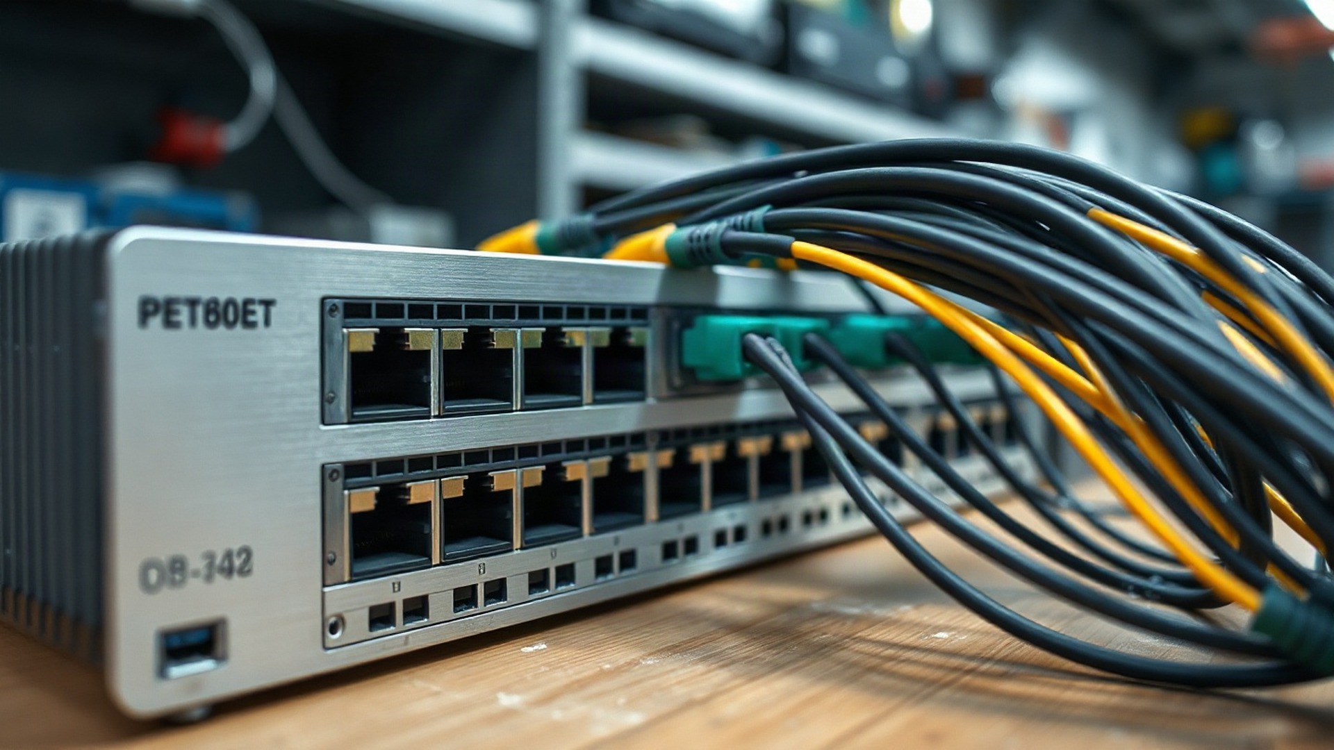 A high-density Ethernet switch chassis with fiber-optic patch cables on a testing bench. Arista Networks unveiled on Oct. 7, 2026 an open Ethernet rack-scale architecture, Etherlink SU-144, that pushes Ethernet into the rack's scale-up interconnect. Photo: The Signal / AI-generated.