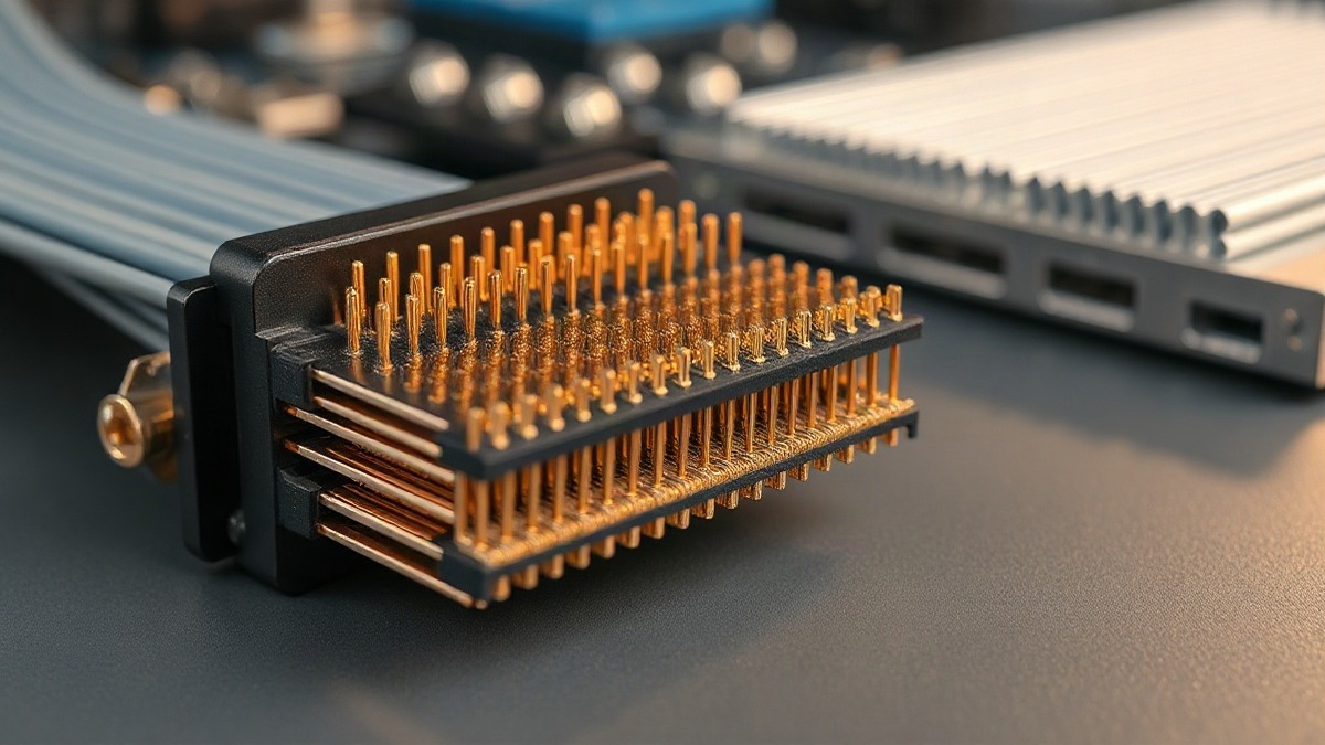 A high-speed copper connector assembly on a precision workbench. Amphenol ships roughly 40 million differential pairs a day, and the AI rack is where the volume is going. Photo: The Signal / AI-generated.