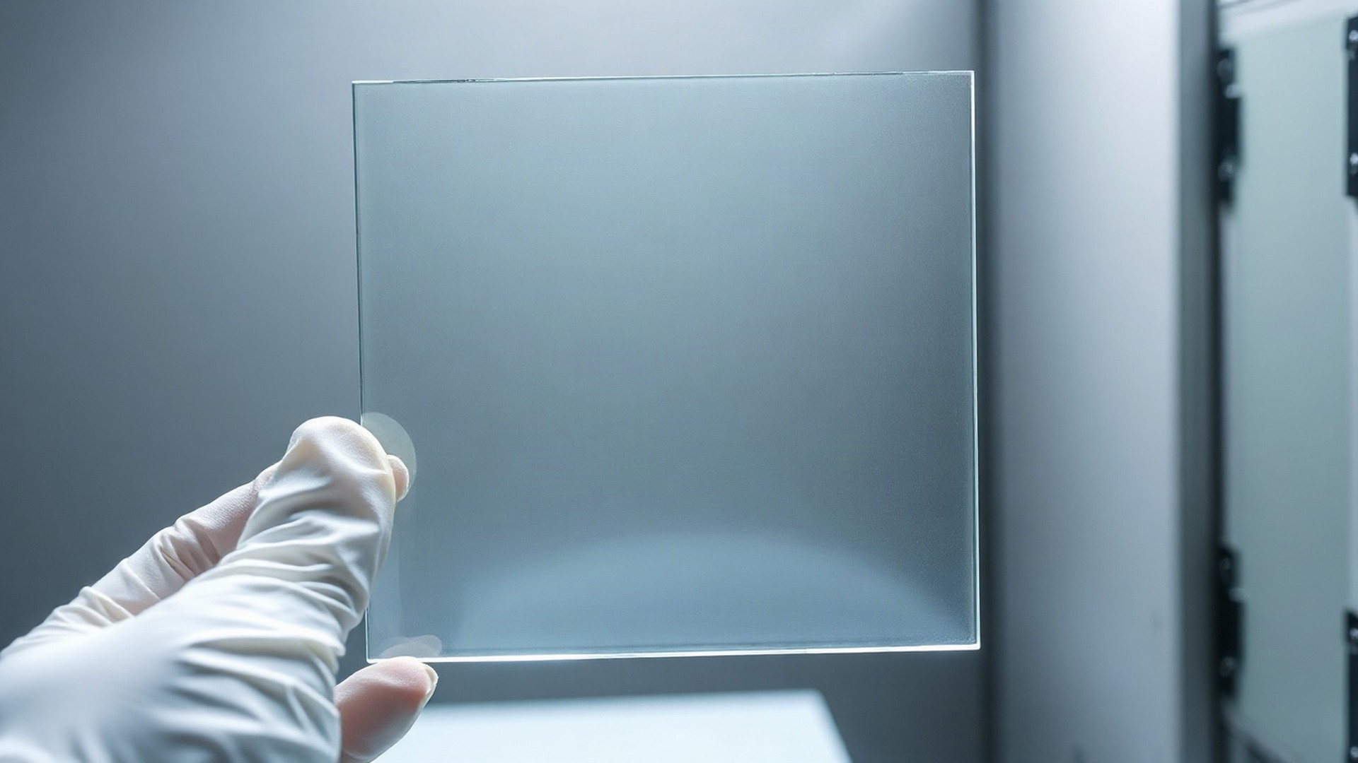 A white-gloved hand holds a square, translucent quartz glass photomask up toward soft diffused light, its fine speckled pattern visible, with a pale, out-of-focus tool area behind. Photo: The Signal / AI-generated.