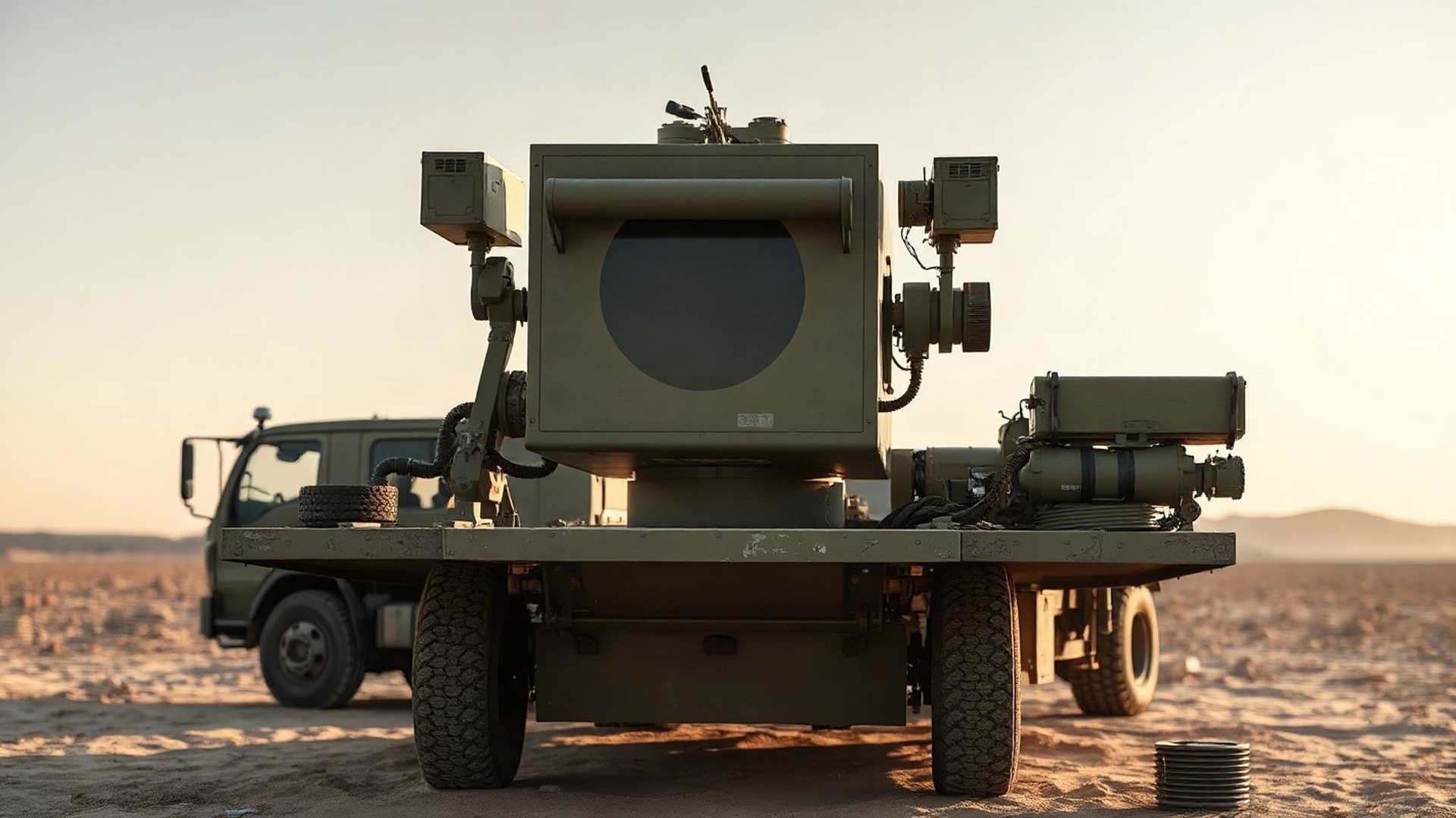 A ground-based laser weapon system on a mobile air-defence vehicle at a desert test range. AeroVironment is pushing directed-energy weapons from prototype into production, where a laser shot costs a fraction of an interceptor missile.