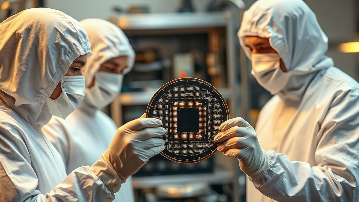 Engineers in a semiconductor fab cleanroom inspecting a silicon wafer. Photo: The Signal / AI-generated.