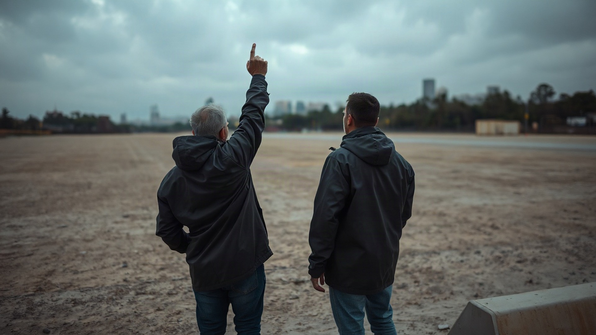 Two people in plain dark rain jackets stand with their backs to the camera on an empty public-safety training ground at dusk, one pointing toward a hazy city skyline. Photo: The Signal / AI-generated.