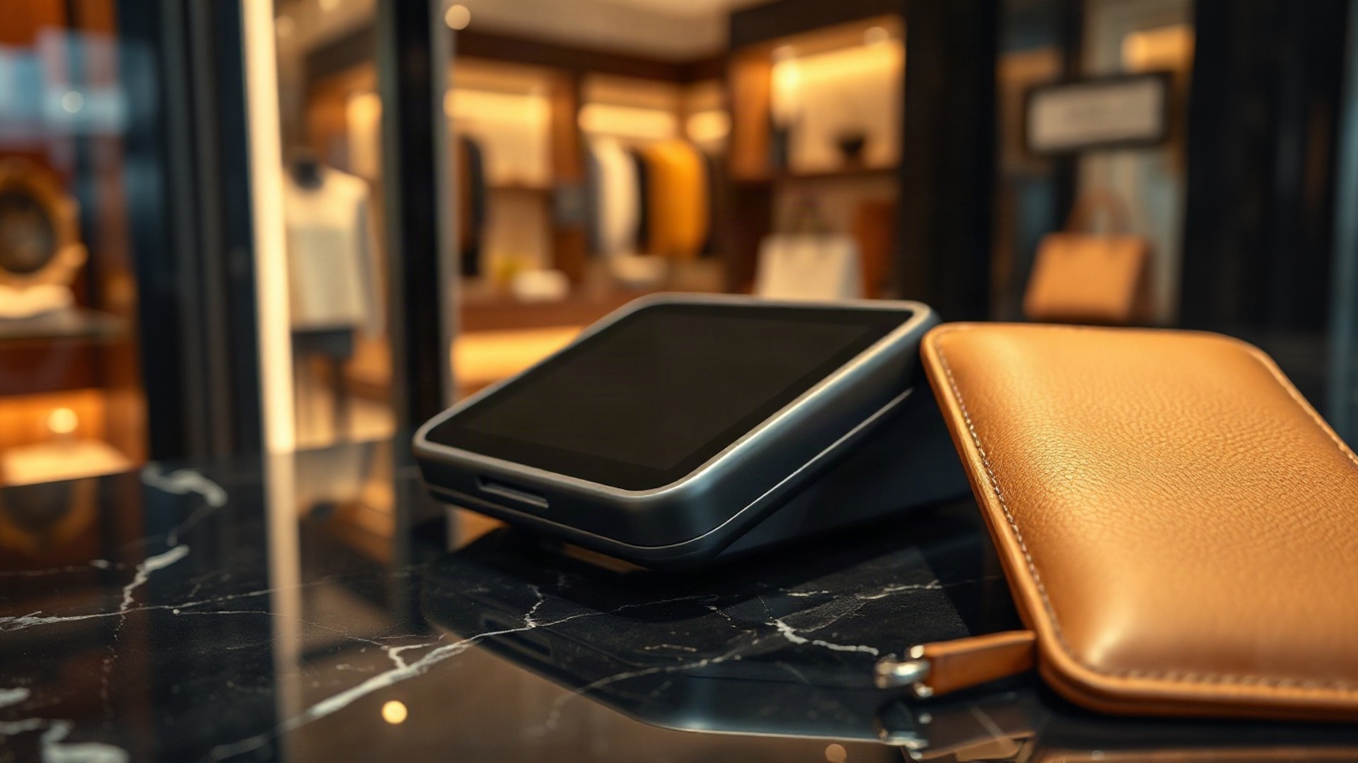 A sleek contactless payment terminal on a dark polished marble boutique counter next to a luxury leather wallet. American Express is expanding its agentic commerce rails to protect autonomous AI shopping. Photo: The Signal / AI-generated.