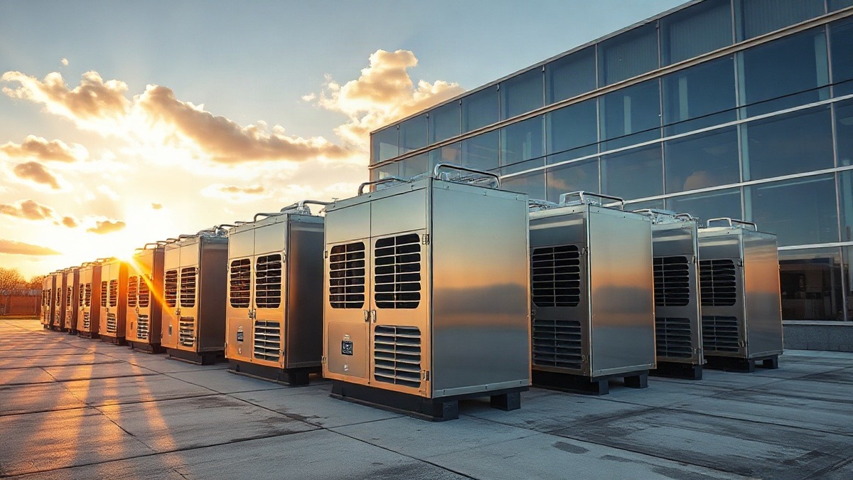 Rows of stainless-steel fuel-cell power modules on a concrete pad outside a modern glass data-center building at golden hour — the onsite power behind the AI buildout. Photo: The Signal / AI-generated.