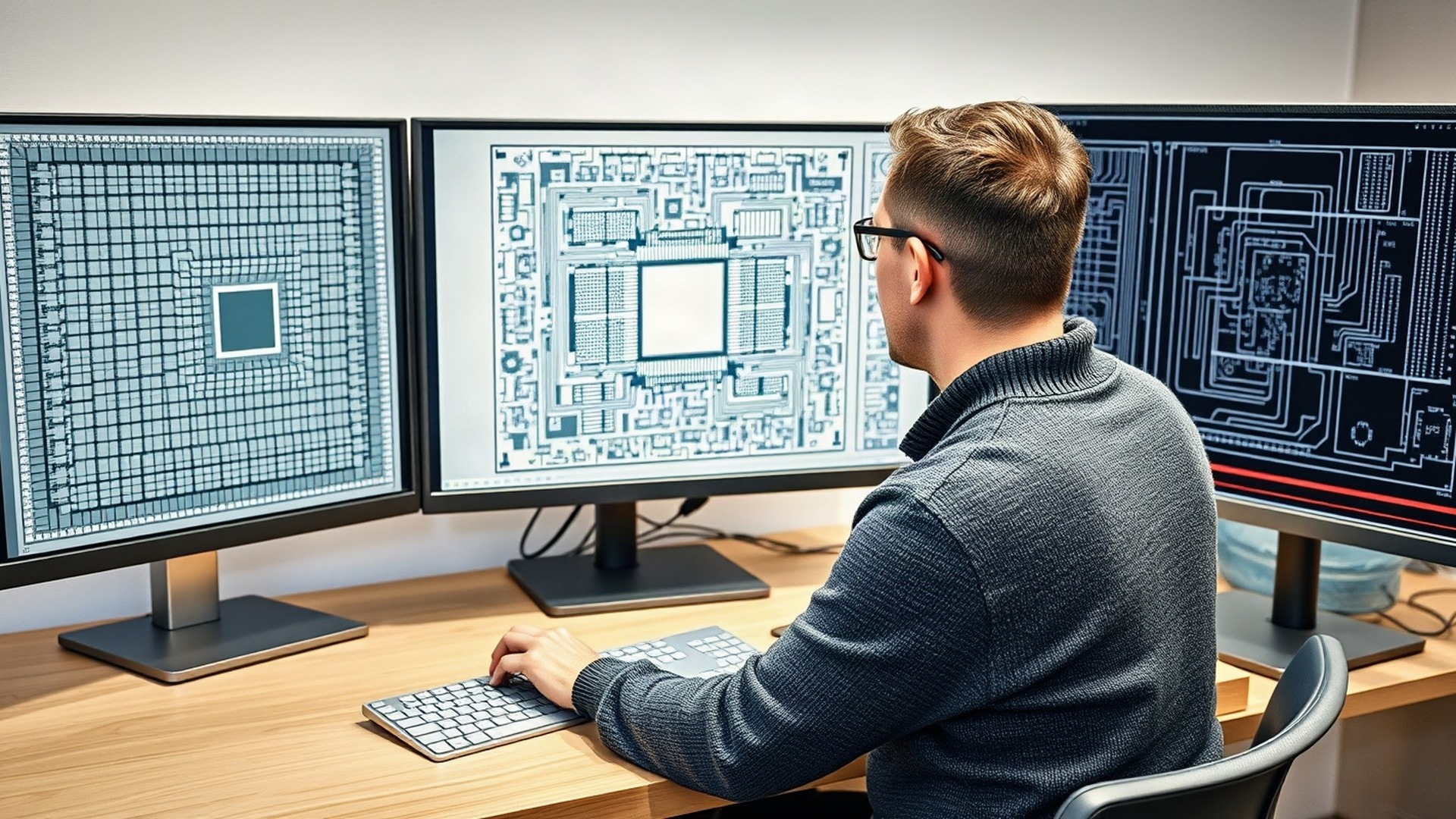 A chip designer reviewing a processor floorplan at an EDA workstation. Cadence sells the software that turns a chip idea into a manufacturable layout. Photo: The Signal / AI-generated.