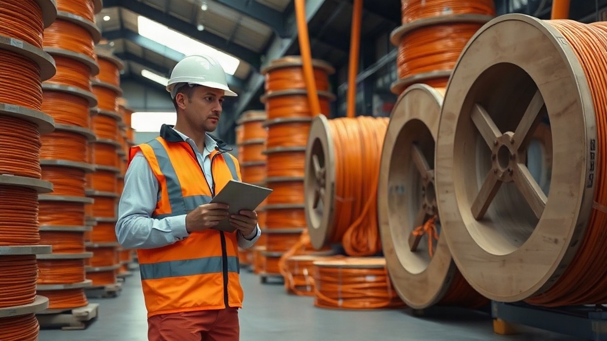 An engineer tends towering spools of fiber-optic cable in a bright network lab — the optical layer stitching AI data centers together. Photo: The Signal / AI-generated.