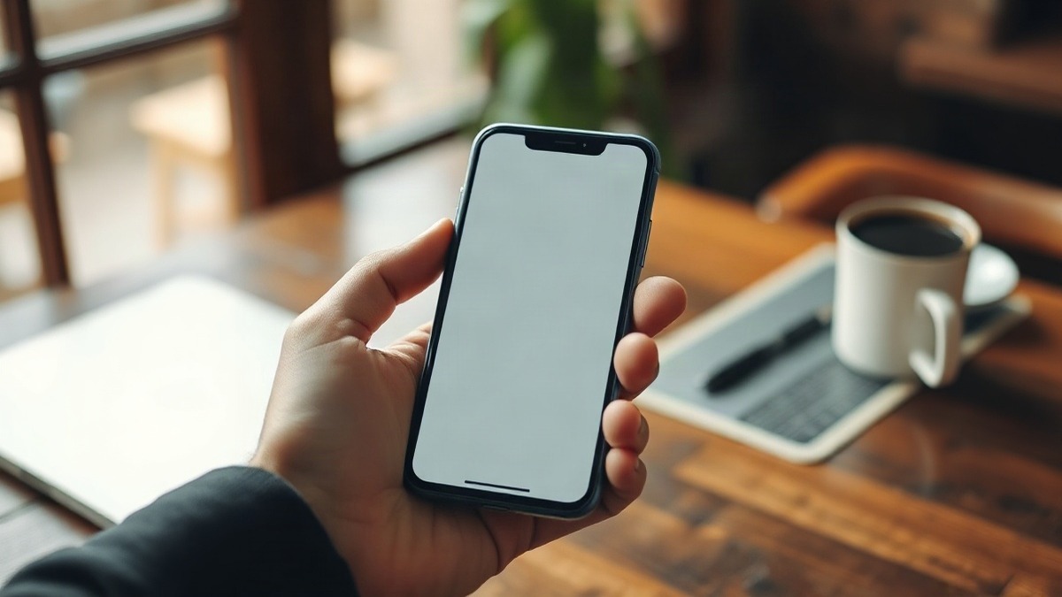 A hand holding a phone over a cafe table with a laptop open beside it, the way most people now check a portfolio. Photo: The Signal / AI-generated.