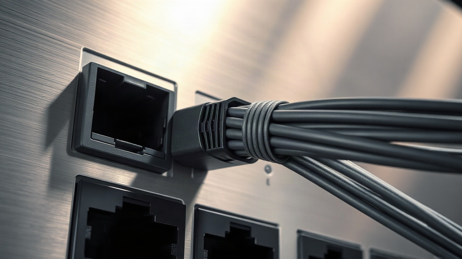 A dense twinaxial cable harness seated in a network switch port. Credo's active electrical cables carry the silicon that lets copper do fiber's job across a rack. Photo: The Signal / AI-generated.