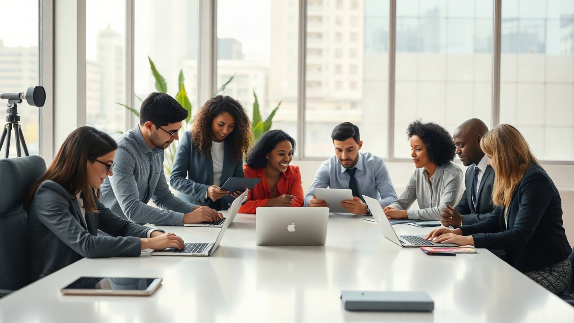 A team of professionals collaborates around a CRM dashboard in a modern office. Photo: The Signal / AI-generated.