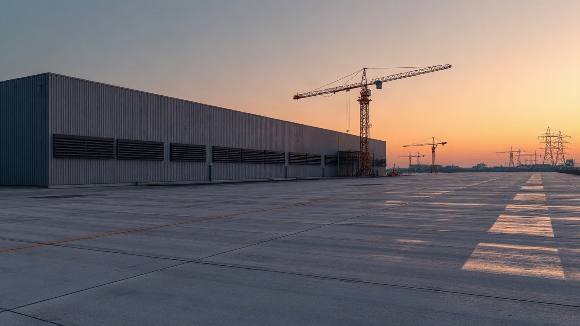 A purpose-built AI compute campus at dusk, its full-length cooling wall still going up and high-voltage pylons at the edge of frame. CoreWeave's business turns on the same question the credit market is being asked to price. Photo: The Signal / AI-generated.