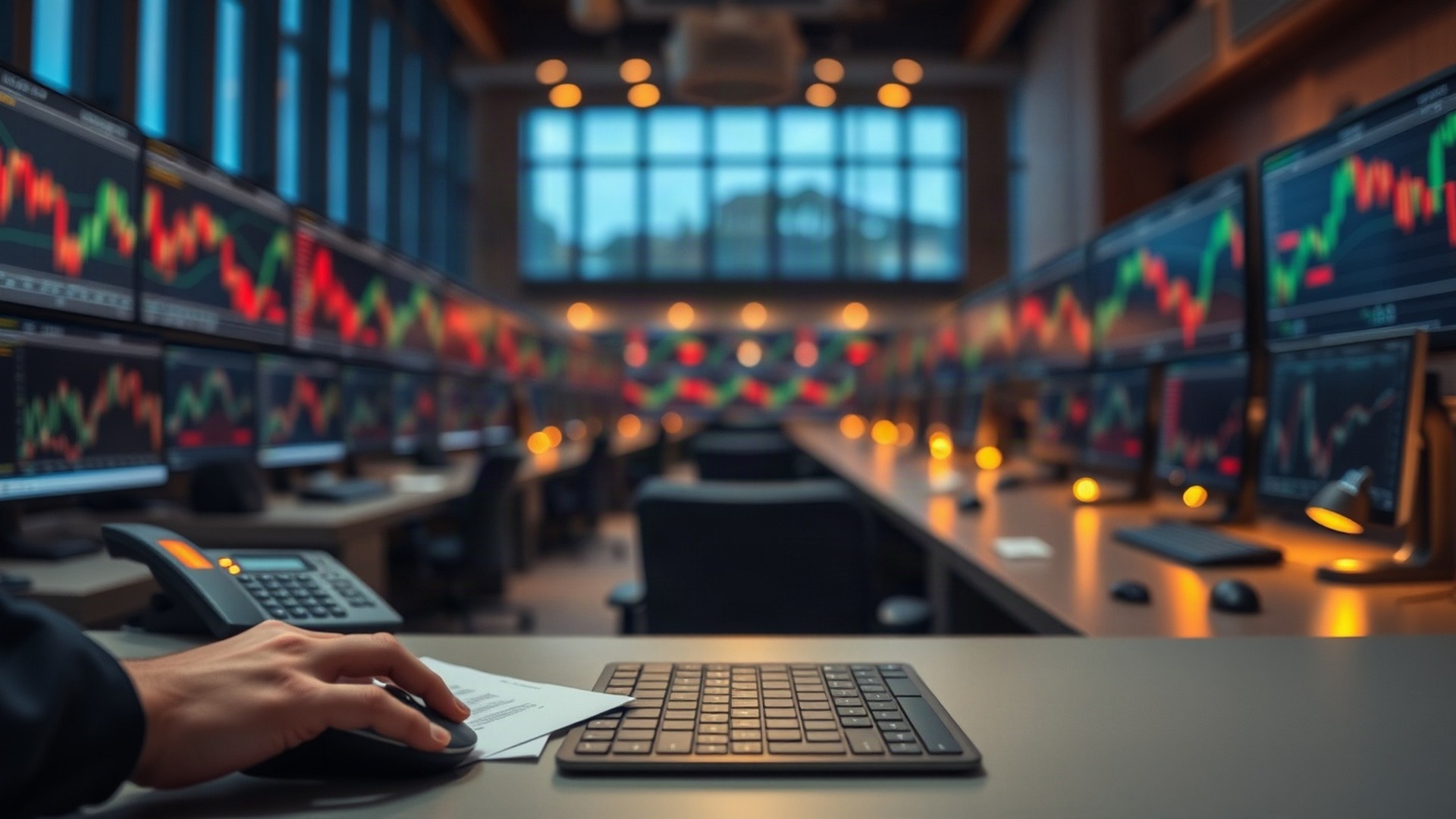 A bank credit desk mid-repricing, rows of screens carrying the day's charts. CoreWeave's 2031 and 2032 bonds changed hands near 78 cents on the dollar on Oct. 15, 2026, for a yield above 16%. Photo: The Signal / AI-generated.