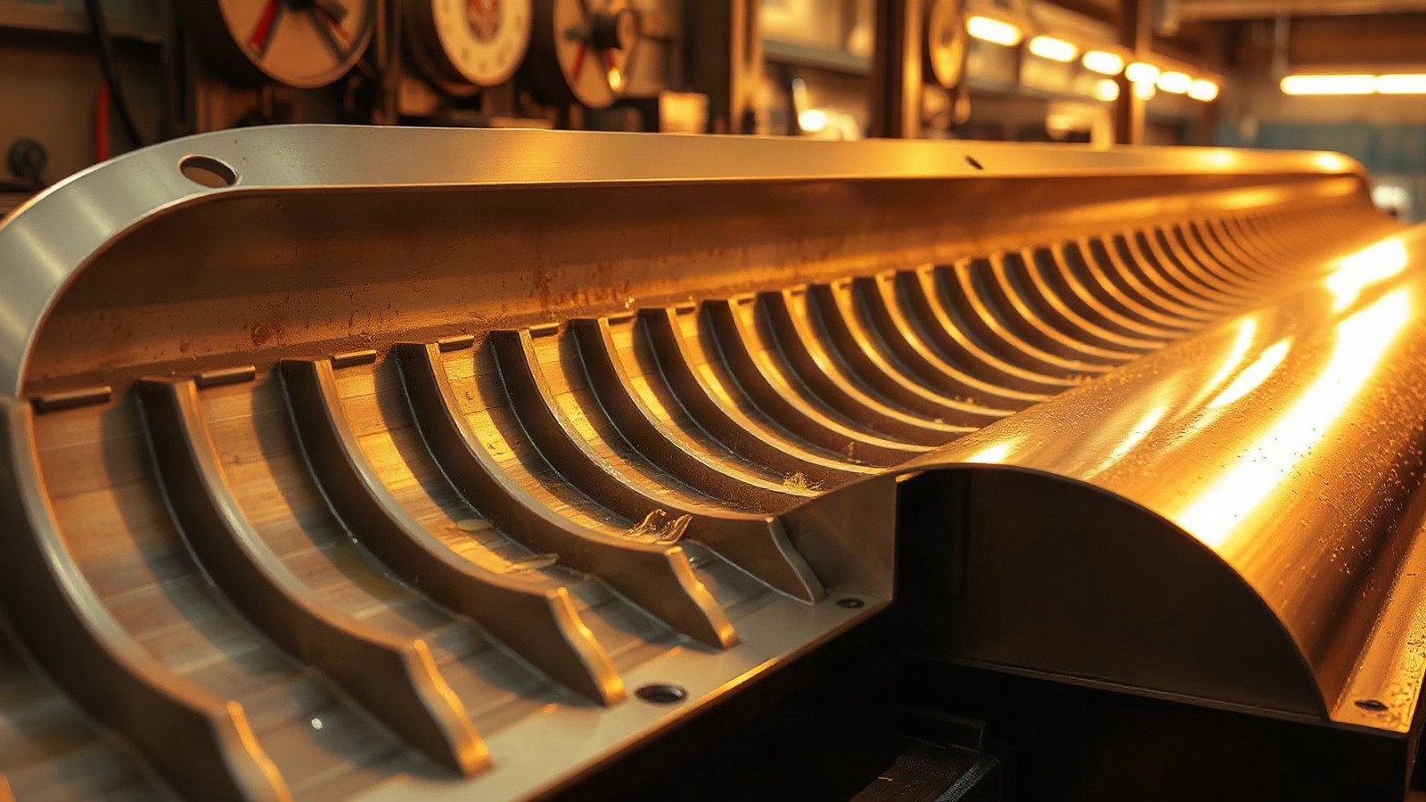 A bare machined aluminium aerostructure rib clamped in a steel fixture on a CNC machining bed, curled swarf and pooled cutting fluid in the foreground under warm workshop light. A defence programme's margin is decided long before the first chip is cut. Photo: The Signal / AI-generated.