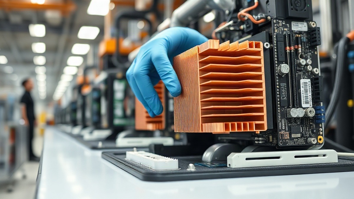 Factory worker installing a GPU server module on an assembly line. Photo: The Signal / AI-generated.
