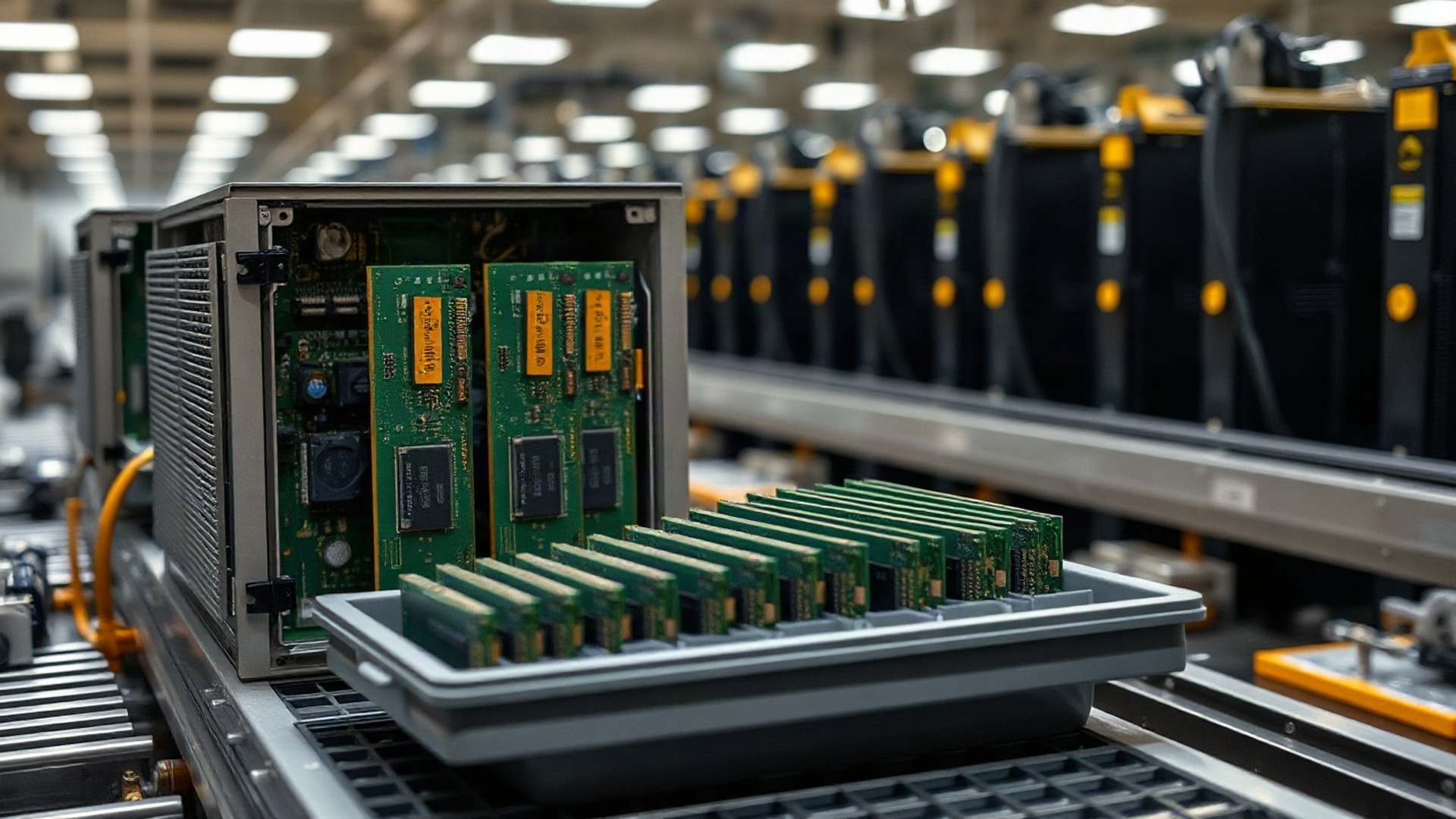 An open rack-scale server chassis on a factory assembly jig, rows of memory modules seated in their slots beside a tray of loose sticks. Memory prices have been climbing for quarters, and server makers have been passing the cost straight into system prices. Photo: The Signal / AI-generated.