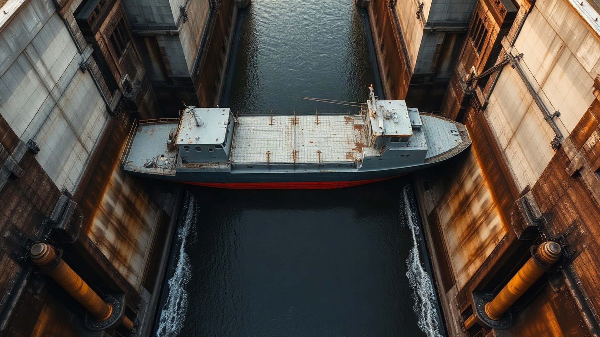 A cargo ship easing through a canal lock at dawn, water still draining in the chamber beside it. Moats are the chokepoints a business makes everyone cross. Photo: The Signal / AI-generated.