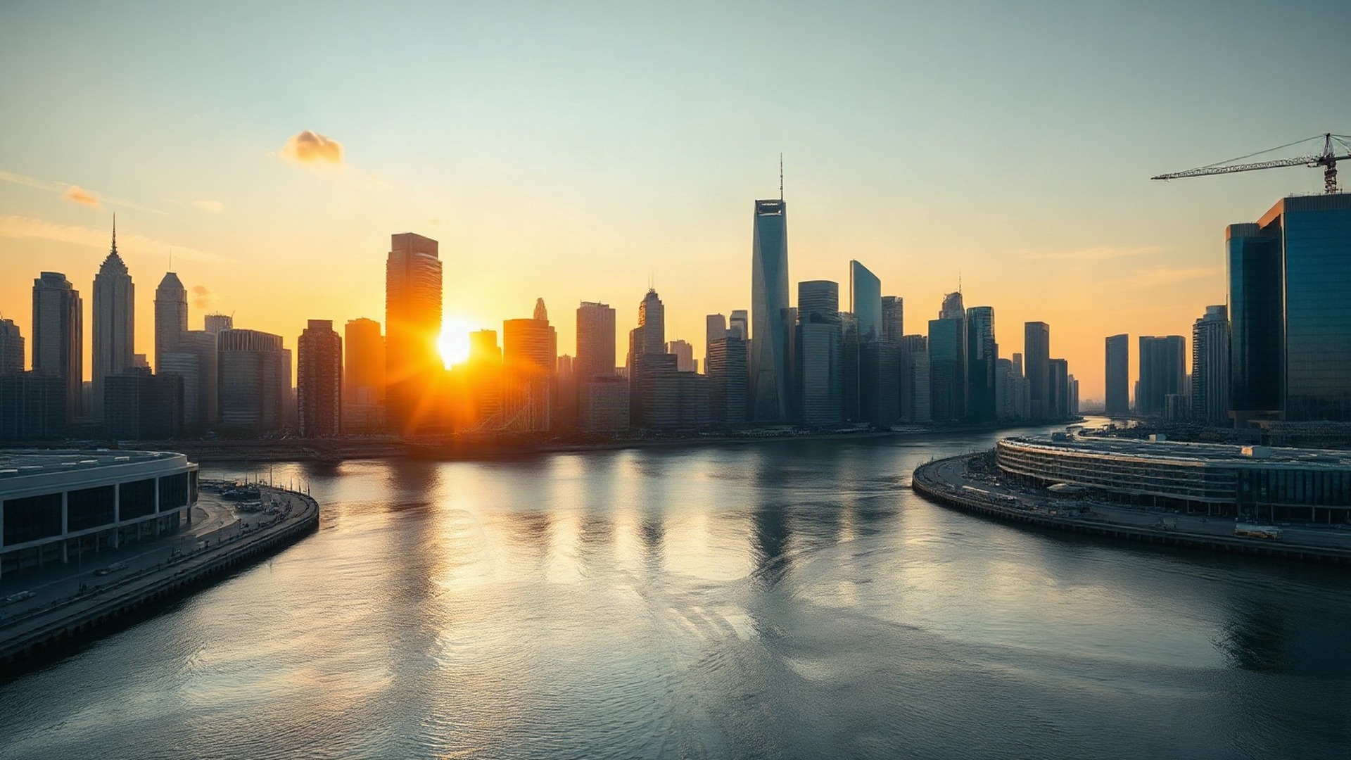 Global business district skyline along a wide river at golden hour. Photo: The Signal / AI-generated.