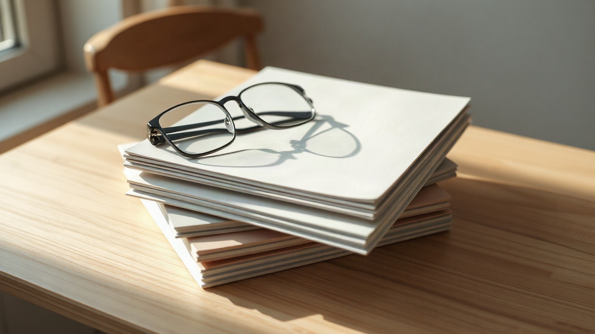 A neat stack of plain unmarked booklets on a light wooden desk in soft morning light, with black-framed reading glasses resting on top. Photo: The Signal / AI-generated.