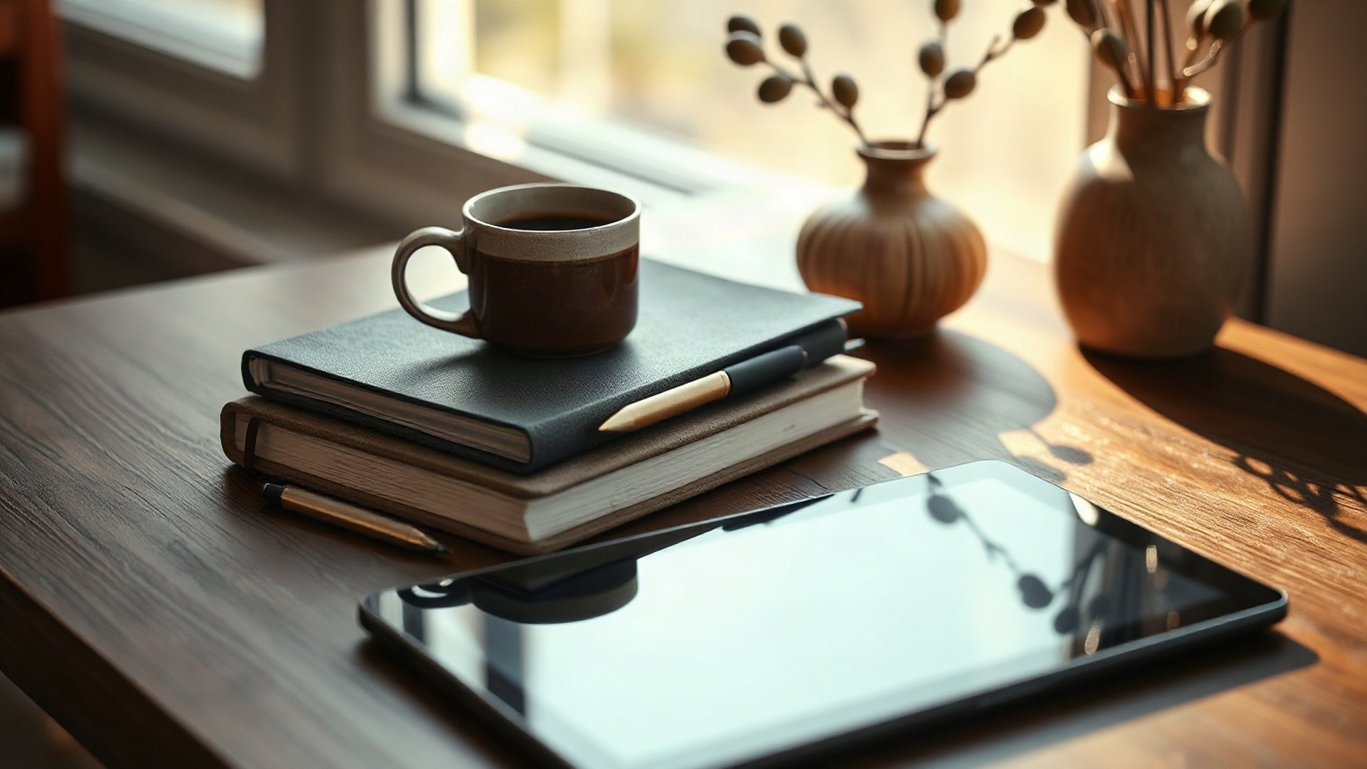 A pair of unbranded matte linen notebooks, a brass stylus, and a stoneware coffee cup on a dark walnut desk in morning daylight. Photo: The Signal / AI-generated.