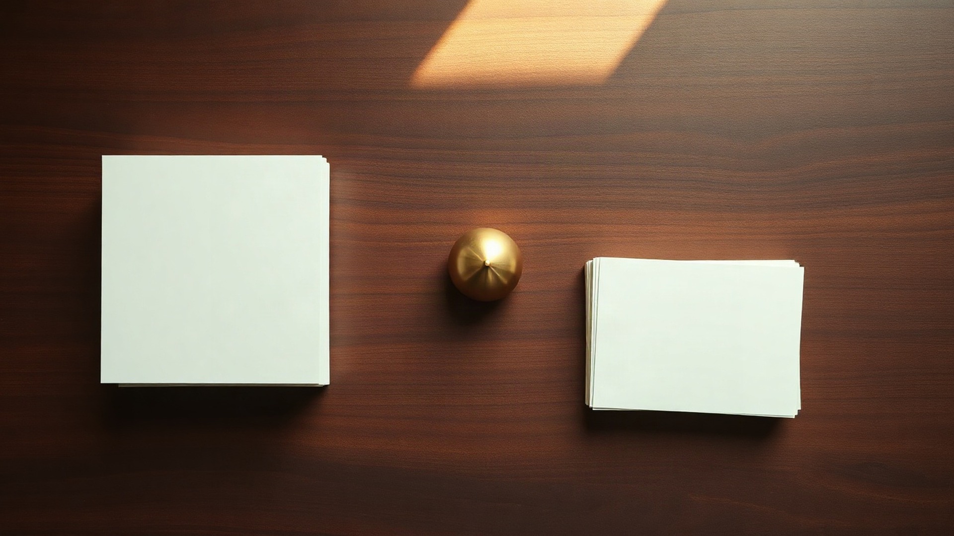 Two neat stacks of blank cream card stock on a dark walnut desk, the left stack noticeably taller than the right, with a plain brass paperweight beside them in soft morning light. Photo: The Signal / AI-generated.