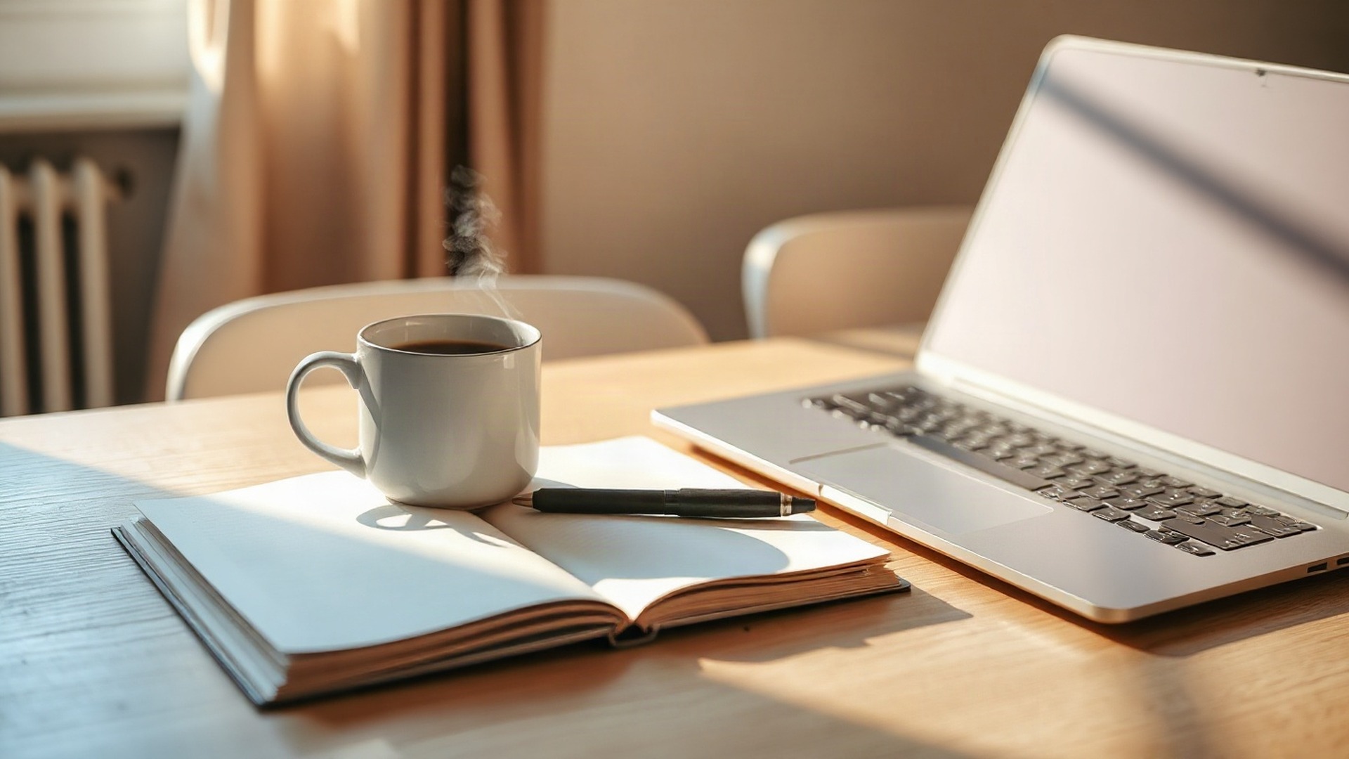 A morning kitchen table in warm window light: a white ceramic mug of coffee, an open notebook with blank pages, a dark pen, and a laptop angled away on the right with a dark, unreadable screen. Photo: The Signal / AI-generated.