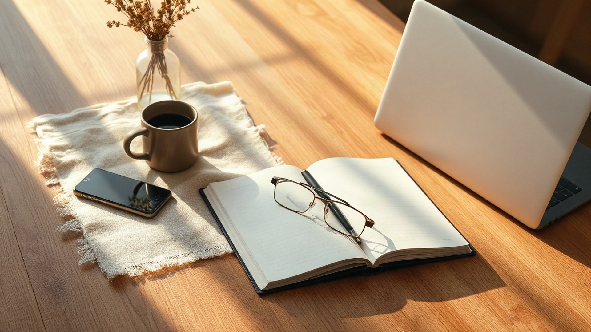 A mug of coffee, an open notebook with blank pages and a pen, a pair of reading glasses, a face-down phone, a small vase of dried flowers and a slim laptop turned away from the camera, arranged with a linen cloth on a wooden kitchen table in warm raking morning light. Photo: The Signal / AI-generated.