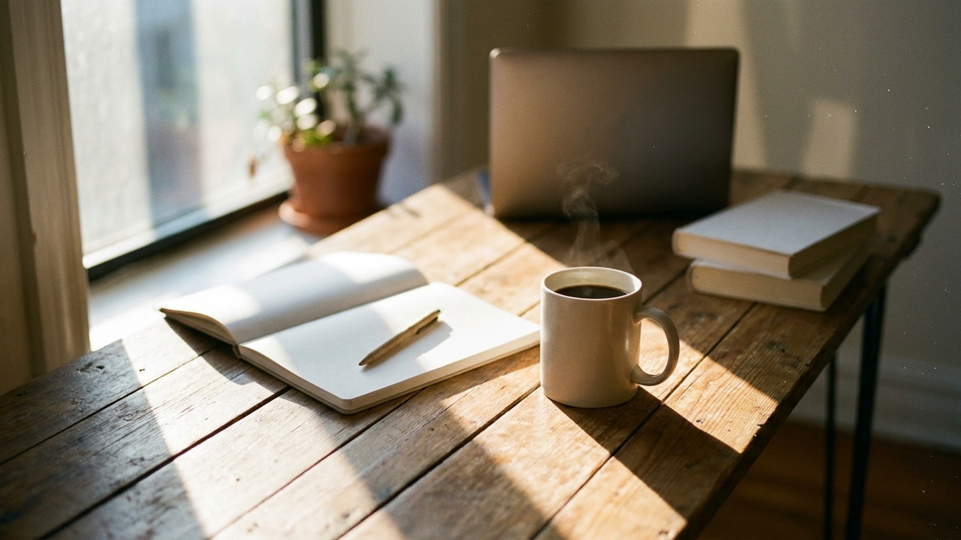 A small wooden desk set against a tall bright window in warm late-afternoon autumn light, holding a plain unmarked mug of coffee, an open notebook with blank pages and a plain pen, a stack of two closed plain hardback books, and a slim laptop turned away so only its plain back is visible, with a small potted houseplant blurred by the window in the background. Photo: The Signal / AI-generated.