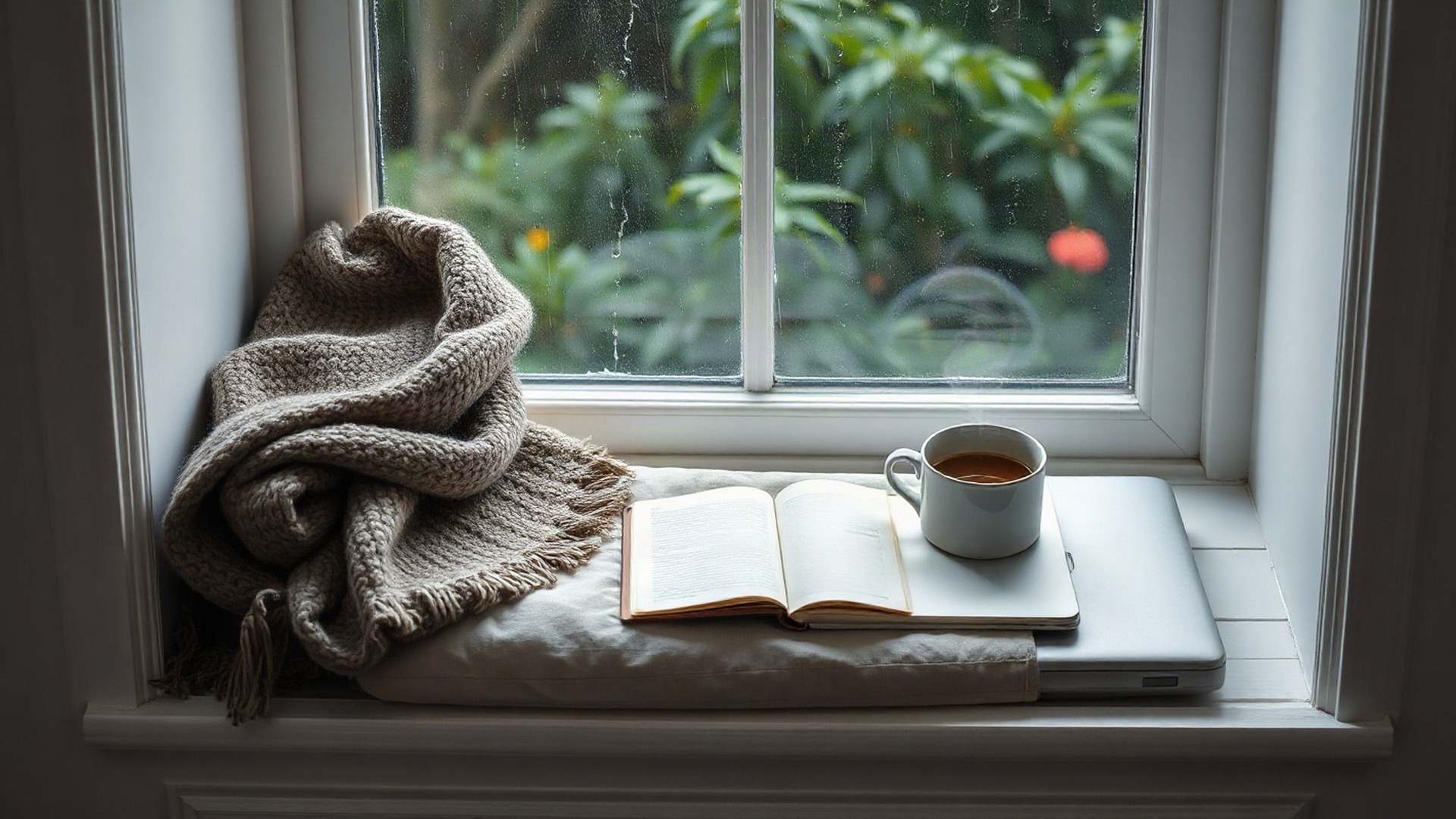 A cushioned window seat beneath a rain-streaked window in cool overcast daylight, with a plain ceramic mug of coffee on the sill, an open notebook on a chunky knit throw and a closed laptop. Photo: The Signal / AI-generated.