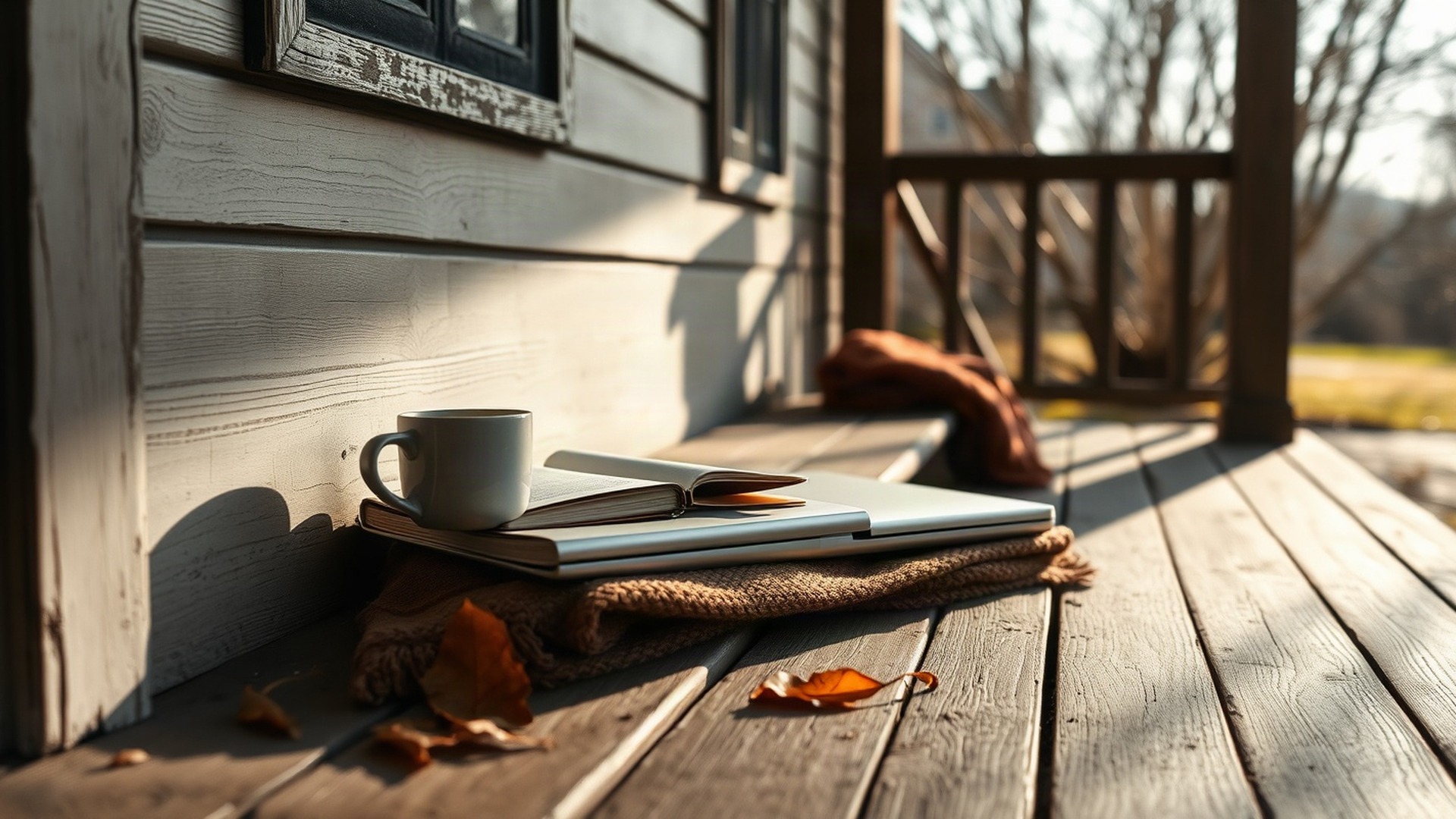 A weathered painted wooden bench on a covered porch in low early-autumn morning light, with a plain ceramic mug of coffee, a closed notebook, a folded wool blanket and a closed laptop. Photo: The Signal / AI-generated.