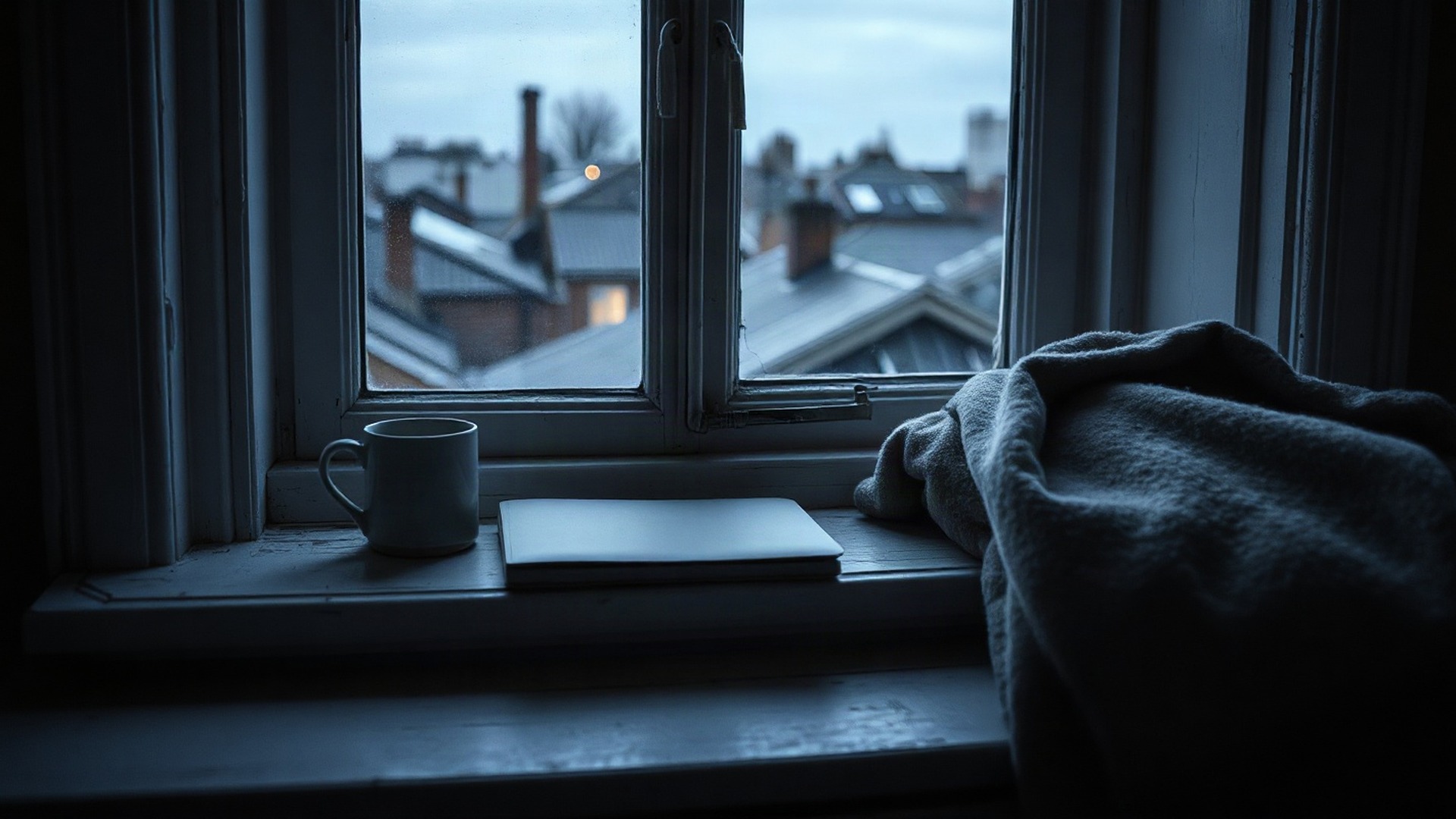 A deep white-painted window sill at dusk, with a plain stoneware mug, a closed laptop and a folded grey wool blanket, and the blurred rooftops and chimneys of a town beyond the glass. Photo: The Signal / AI-generated.