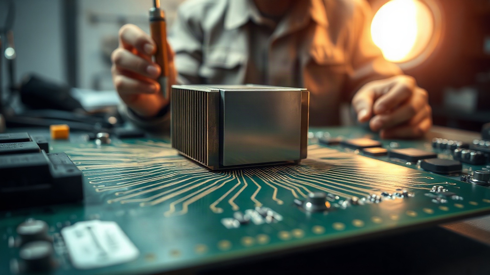 A close-up of a custom network processor chip on an unmarked circuit board under plain heatsink fins, an engineer's fine test probe blurred in the background. Photo: The Signal / AI-generated.