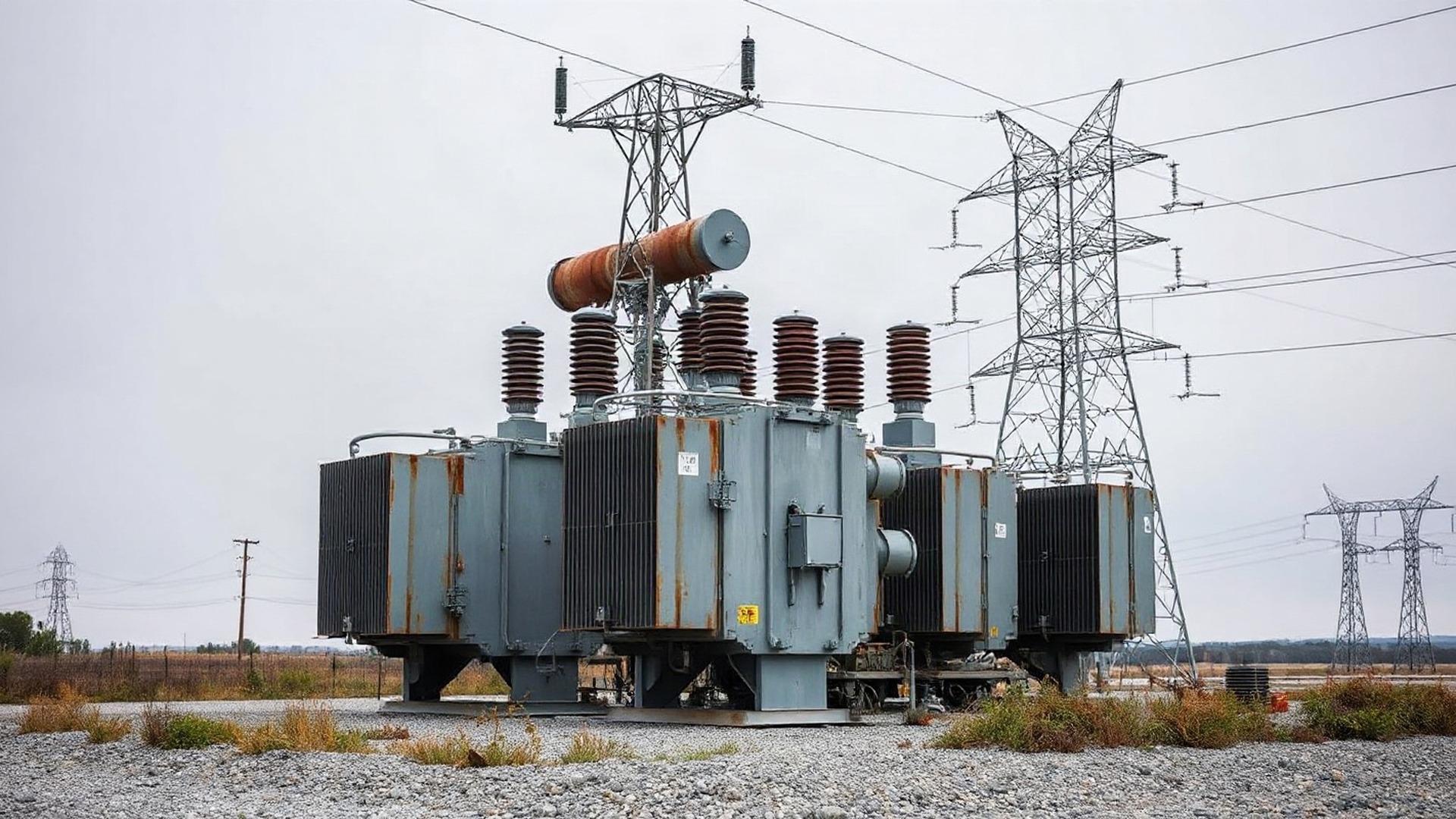 A high-voltage substation yard. GE Vernova is buying Trench Group, which makes the bushings, instrument transformers and coils that sit inside this equipment. Photo: The Signal / AI-generated.
