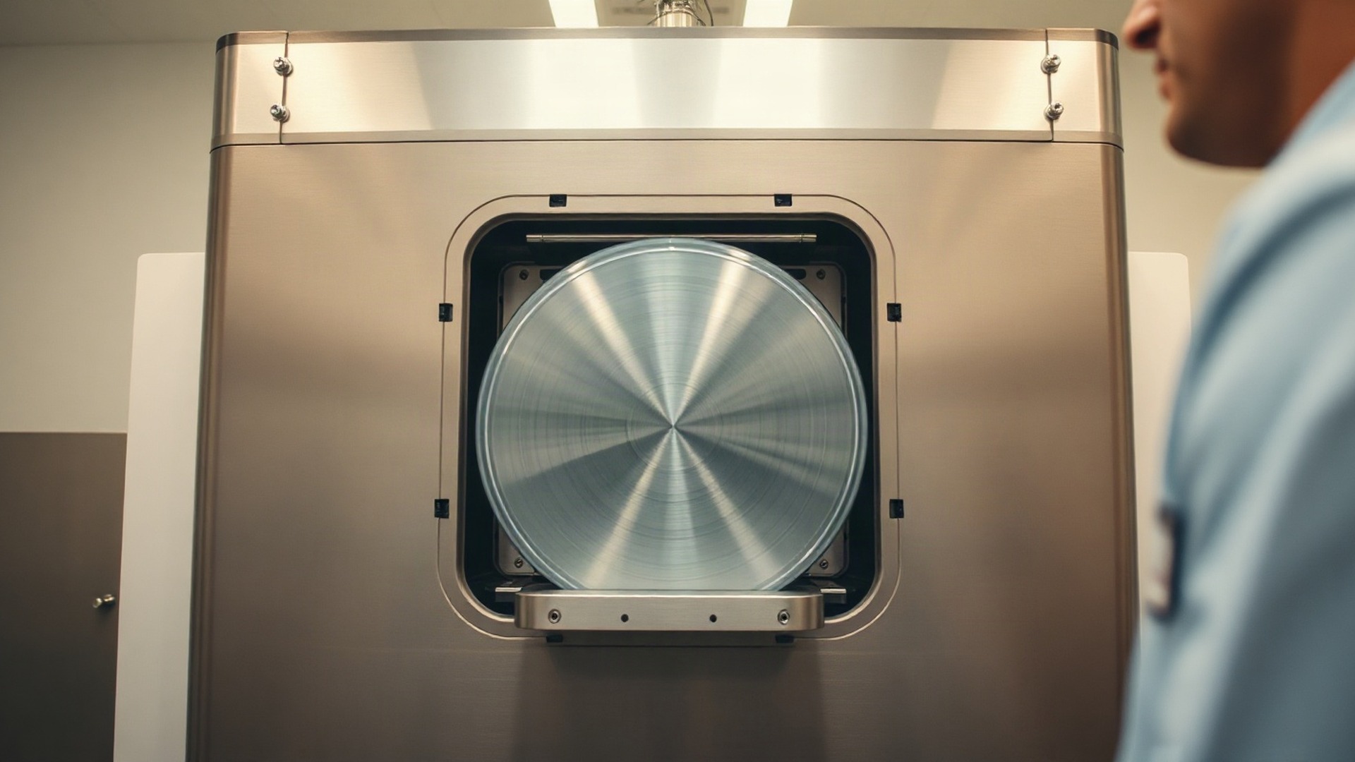 A technician lands a wafer carrier on the load port of an unmarked processing tool: the unglamorous end of quantum, where the control chips get made. Photo: The Signal / AI-generated.