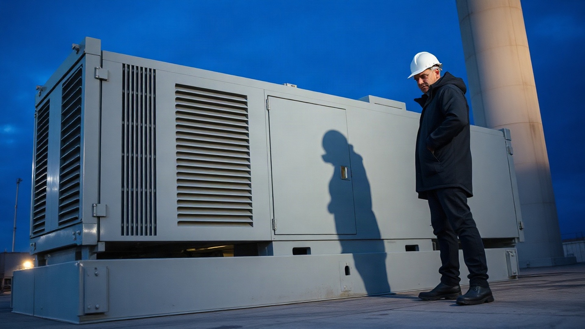 A worker in a hard hat and dark jacket stands beside a large industrial backup generator in an outdoor equipment yard, with more generator enclosures lined up behind him under an overcast sky. Photo: The Signal / AI-generated.