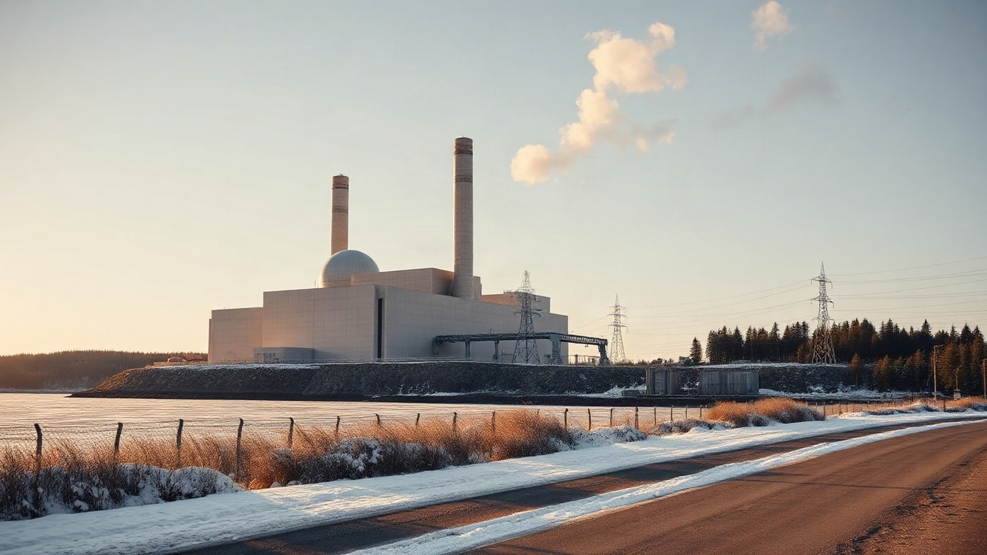 A coastal view of the Loviisa nuclear plant on Finland's Baltic coast at first light, reactor buildings and steam plumes rising over ice-edged water as boreal forest stretches inland. Photo: The Signal / AI-generated.