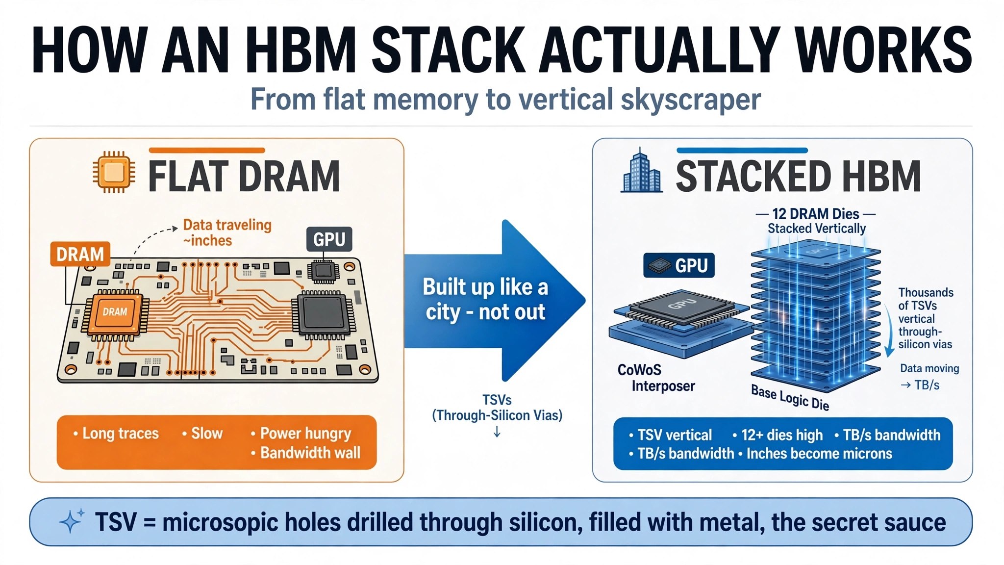 How an HBM Stack Actually Works: flat DRAM vs stacked HBM